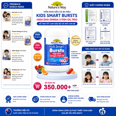 Viên nhai dầu cá ba màu Nature's Way kids smart bursts high DHA omega-3 fish Oil trio hỗ trợ tốt cho não bộ và mắt cho bé 60 viên