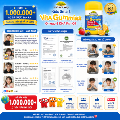 Kẹo dẻo Nature's Way Kids Smart Vita Gummies Omega-3 DHA Fish Oil hỗ trợ sức khoẻ não Và mắt cho bé 60 viên