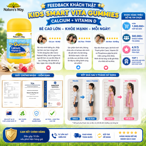 Calcium Vitamin D  Kẹo Dẻo Cho Bé Nature’s Way Kids Smart Vita Gummies hộp 60 Viên Tăng chiều cao