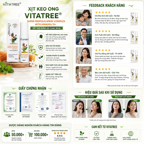 Xịt keo ong Vitatree Super Propolis Spray Complex With Manuka 15+ hỗ trợ giảm ho chai 30ml