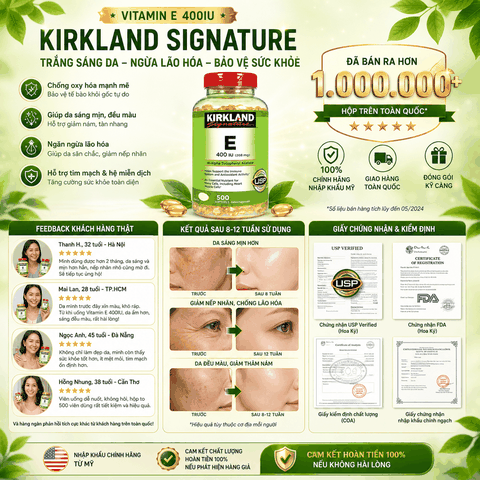 Viên uống vitamin E 400IU Kirkland Signature trắng sáng da, ngừa lão hóa hộp 500 viên