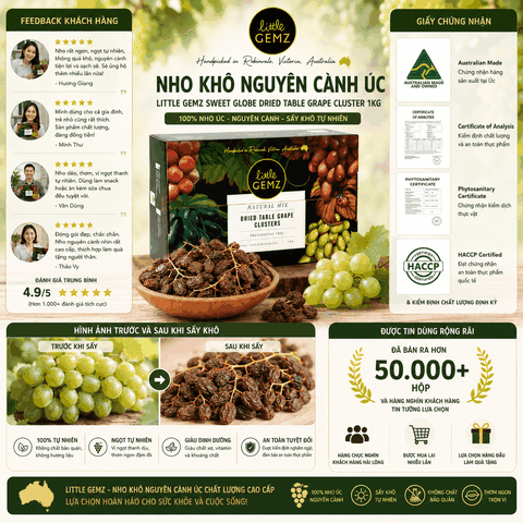 Nho khô nguyên cành Úc Little Gemz Sweet Globe Dried Table Grape Cluster 1kg