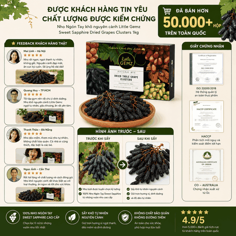 Nho Ngón Tay khô nguyên cành Little Gemz Sweet Sapphire Dried Grapes Clusters 1kg