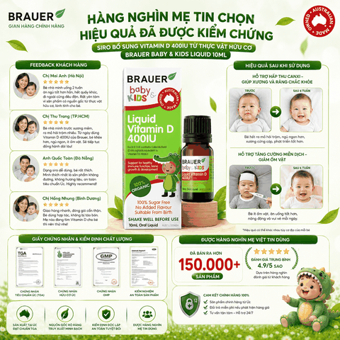 Siro bổ sung Vitamin D 400IU từ thực vật hữu cơ Brauer Baby Kids Liquid 10ml dành cho trẻ sơ sinh trở lên