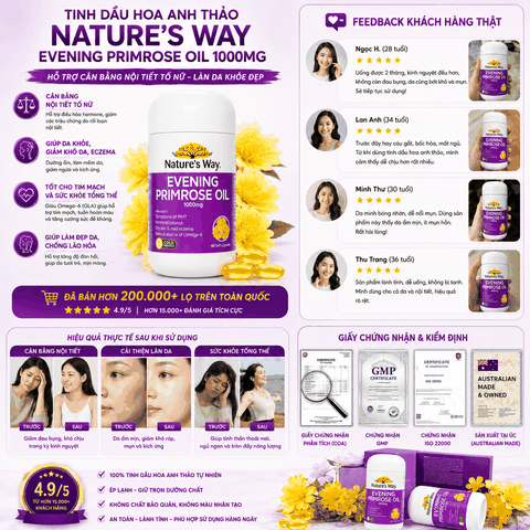 Tinh dầu hoa Anh Thảo Nature's Way evening primrose oil hỗ trợ cân bằng nội tiết tố nữ 60 viên