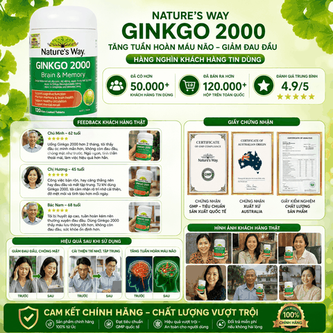 Bổ não ginkgo biloba nature's way 2000mg giúp tăng tuần hoàn máu não, giảm đau đầu 120 viên/hộp