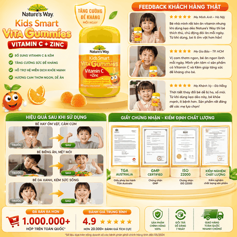 Kẹo Dẻo Nature's Way Kids Smart Vita Gummies Vitamin C+ ZinC – Bổ sung kẽm và vitamin C tăng sức đề kháng cho trẻ