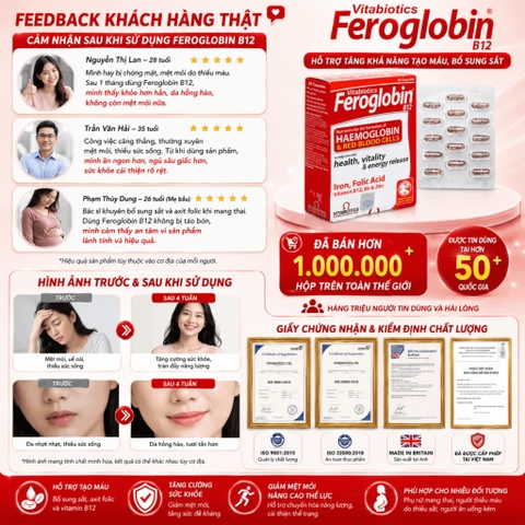 TPBVSK Vitabiotics Feroglobin B12 Haemoglobin Hộp 30 Viên Hỗ Trợ tăng khả năng tạo máu, bổ sung sắt