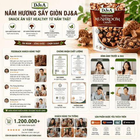 Nấm Hương Sấy Giòn DJ&A Shiitake Mushroom Crisps 300g snack ăn vặt heatthy lành mạnh từ nấm thật