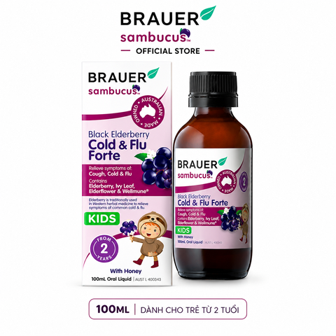 Siro giảm các triệu chứng cảm cúm, cảm lạnh Brauer Black Elederberry cold and flu forte (100ML)