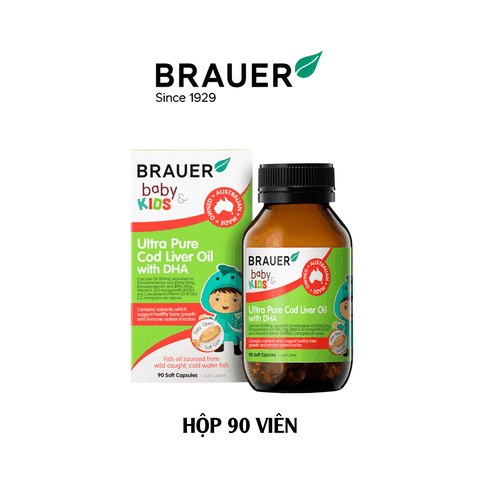 Dầu cá Tuyết bổ sung DHA Brauer Ultra Pure Cod Liver Oil dầu cá cho trẻ từ 1 tuổi dạng 90 viên nang