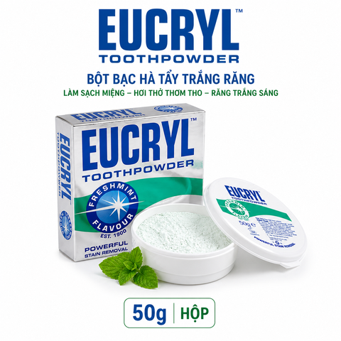 Bột bạc hà tẩy trắng răng Eucryl Tooth powder 50g làm sạch miệng, hơi thở thơm tho và răng trắng sáng hộp 50g
