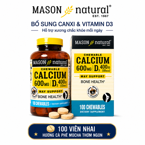 Mason Natural Calcium 600mg + D3 - Bổ sung canxi cho cơ thể 100 viên