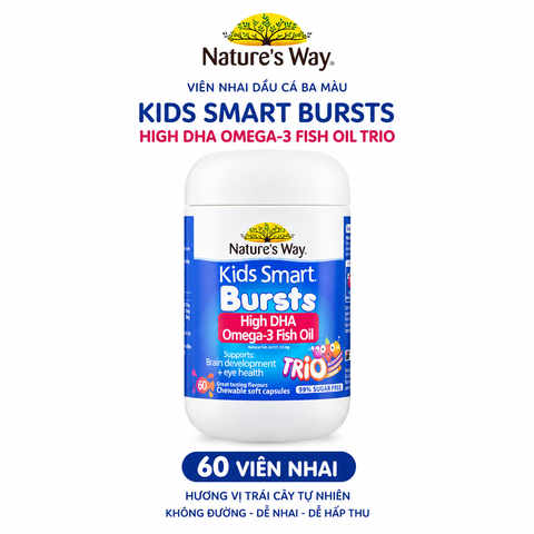 Viên nhai dầu cá ba màu Nature's Way kids smart bursts high DHA omega-3 fish Oil trio hỗ trợ tốt cho não bộ và mắt cho bé 60 viên