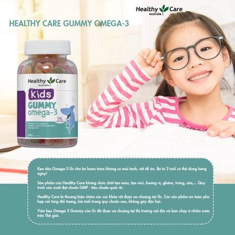 Omega 3 cho bé Healthy Care Kids Gummy Hỗ trợ phát triển trí tuệ toàn diện, tăng cường thị lực, Giúp bé học tập và ghi nhớ tốt hơn (dạng kẹo) 250 viên