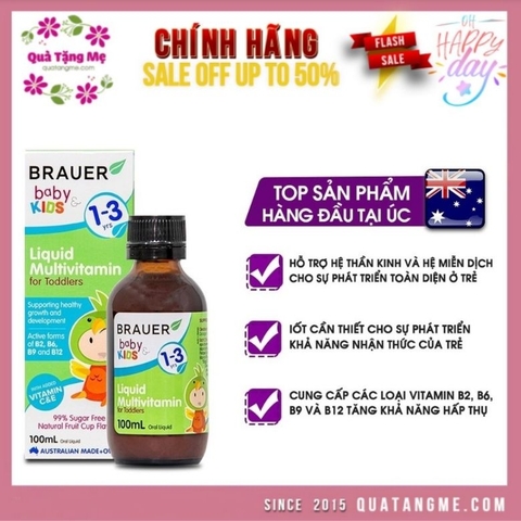 Vitamin tổng hợp cho bé từ 1 - 3 tuổi Brauer Baby Kids Liquid Multivitamin for Toddlers 100ml dạng nước 100ml
