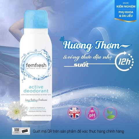 Xịt khử mùi và thơm mát vùng kín cao cấp Femfresh Active Deodorant 125ml