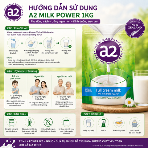 Sữa tươi dạng bột nguyên kem a2 milk power 1 kg