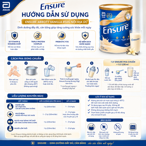 Sữa bột ensure  abbott vanilla 850g nội địa Úc hương vani giàu dinh dưỡng hộp 850g