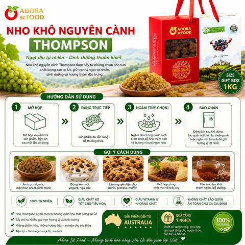 Nho khô nguyên cành Adora st Food Dried Grapes Cluster Thompson  1kg đặc sản Úc