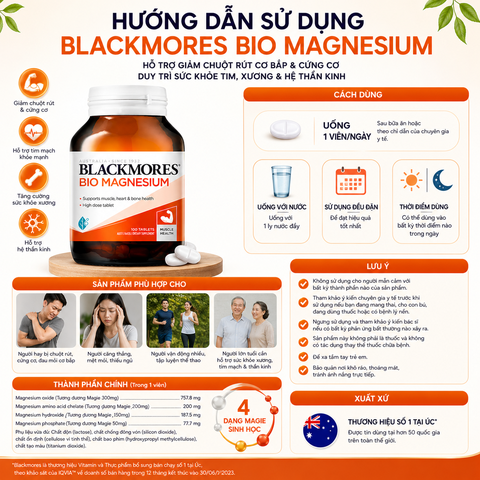 Blackmores bio magnesium giảm chuột rút của cơ bắp và cứng cơ, duy trì sức khỏe tim, xương và hệ thần kinh