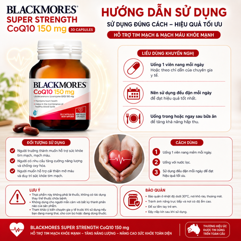 Blackmores Super Strength Coq10 150mg 30 Capsules  hỗ trợ hệ thống tim mạch và mạch máu khỏe mạnh