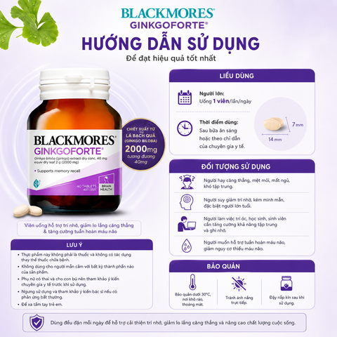 Viên uống bổ não blackmores gingkoforte 40 viên - giảm tình trạng lo lắng căng thẳng và suy giảm trí nhớ