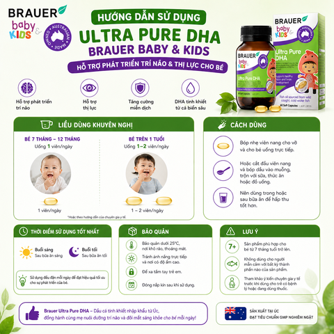 Dầu cá DHA brauer baby kids ultra pure DHA phát triển trí não cho bé từ 7 tháng tuổi hộp 60 viên nang mềm