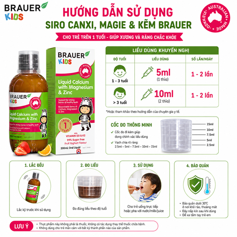 Siro canxi, magie và kẽm brauer cho trẻ trên 1 tuổi giúp xương và răng chắc khỏe chai 200ml