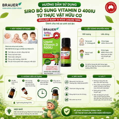 Siro bổ sung Vitamin D 400IU từ thực vật hữu cơ Brauer Baby Kids Liquid 10ml dành cho trẻ sơ sinh trở lên