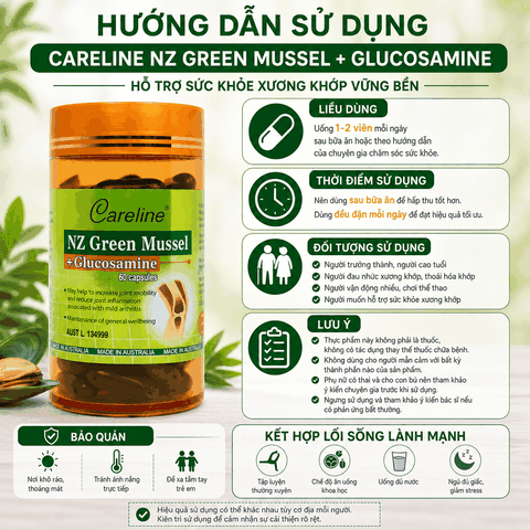 Khớp vẹm xanh - Careline Nz Green Mussel Glucosamine - Hỗ trợ sức khỏe xương khớp 60 viên
