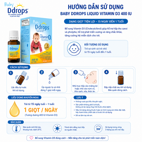 Baby Ddrops Liquid Vitamin D3 400 IU bổ sung vitamin d3 cho trẻ sơ sinh và trẻ nhỏ dạng giọt 15 ngày -t1 tuổi