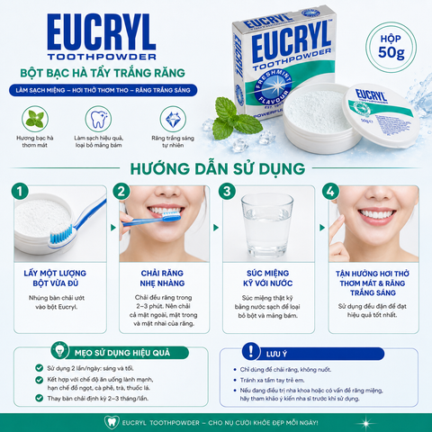 Bột bạc hà tẩy trắng răng Eucryl Tooth powder 50g làm sạch miệng, hơi thở thơm tho và răng trắng sáng hộp 50g