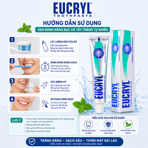 Kem đánh răng bạc hà tẩy trắng tự nhiên Eucryl Toothpaste 62g - nội địa Anh