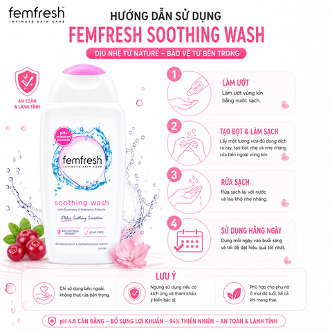 Dung dịch vệ sinh phụ nữ dịu nhẹ Femfresh Soothing Wash bổ sung lợi khuẩn 250ml