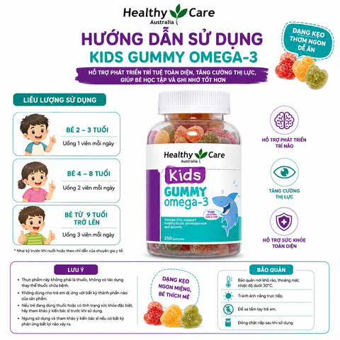 Omega 3 cho bé Healthy Care Kids Gummy Hỗ trợ phát triển trí tuệ toàn diện, tăng cường thị lực, Giúp bé học tập và ghi nhớ tốt hơn (dạng kẹo) 250 viên