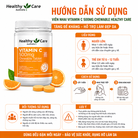 Viên nhai Vitamin C 500mg Chewable Healthy Care hỗ trợ làm đẹp da, tăng đề kháng 500 viên