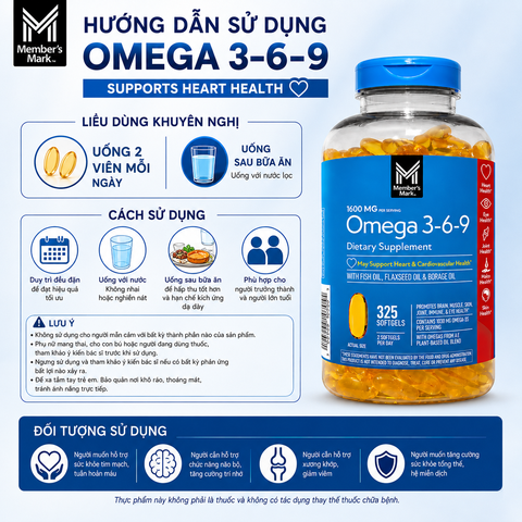 Viên uống bổ sung dầu cá Omega 3 6 9 Member’s Mark Supports Heart Health 325 viên