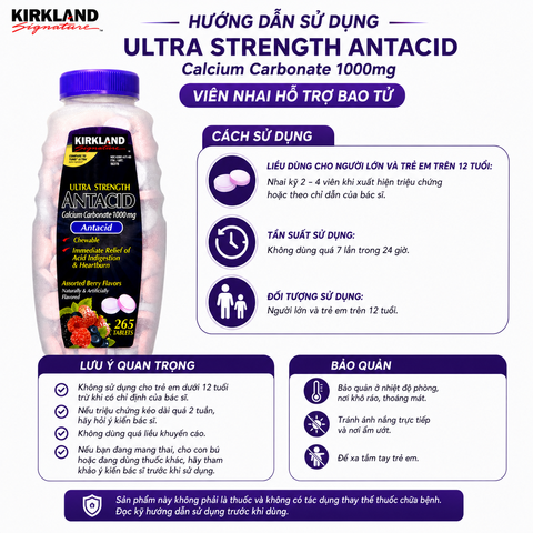 Viên nhai hỗ trợ bao tử ultra strengthe antacid calcium carbonate kirkland signature 1000mg 265 viên