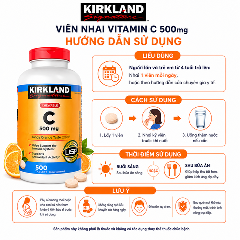 Viên nhai Vitamin C Kirkland Signature 500mg hỗ trợ làm đẹp da, tăng đề kháng 500 viên