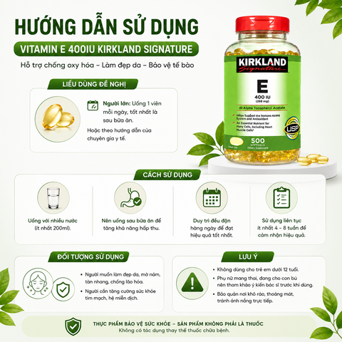 Viên uống vitamin E 400IU Kirkland Signature trắng sáng da, ngừa lão hóa hộp 500 viên