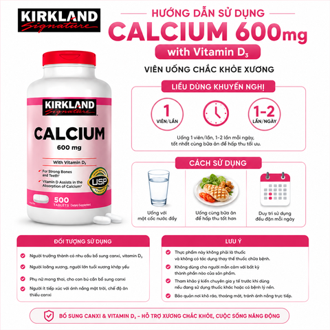 Viên uống chắc khỏe xương Calcium 600mg with Vitamin D3 Kirkland Signature 500 viên - Hàng Mỹ Chính Hãng