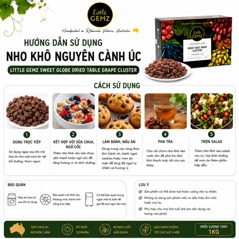 Nho khô nguyên cành Úc Little Gemz Sweet Globe Dried Table Grape Cluster 1kg