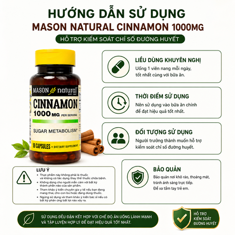 Mason Natural Cinamon 1000mg hộp 50 viên Hỗ trợ kiểm soát chỉ số đường huyết (50 viên)