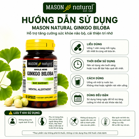Mason Natural Ginkgo Biloba – Hỗ trợ tăng cường sức khỏe não bộ, cải thiện trí nhớ 60 viên