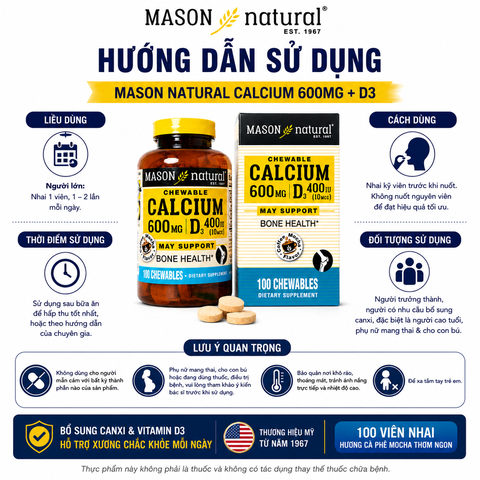 Mason Natural Calcium 600mg + D3 - Bổ sung canxi cho cơ thể 100 viên