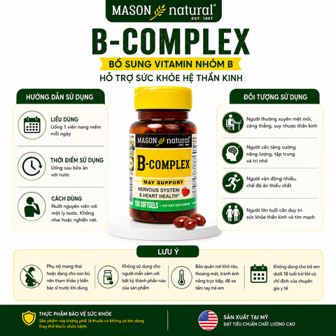 Mason Natural B-Complex 100 vên bổ sung vitamin nhóm B hỗ trợ sức khoẻ hệ thần kinh