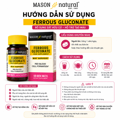 Mason Natural Ferrous Gluconate 100 viên – Sản phẩm bổ sung sắt hữu cơ