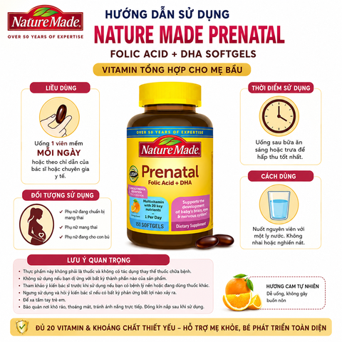 Vitamin tổng hợp cho bà bầu nature Prenatal Multivitamin Folic Acid + DHA Softgels hộp 150 viên nội địa Mỹ