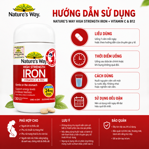 Nature’s Way high strength Iron + vitamin C và B12 – Bổ sung sắt hữu cơ cho người thiếu sắt, bổ sung sắt cho bà bầu